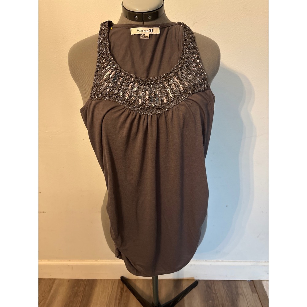 Forever 21 Women Gray Sequin Embellished Racerback Tank Top Ruched Side Size M